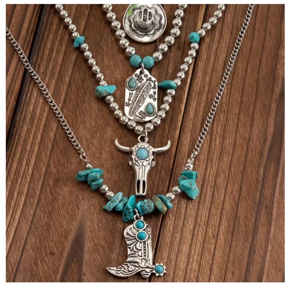 Jewelry - NeW  Boho Western Turquoise and alloy Silver Layered Necklace Set